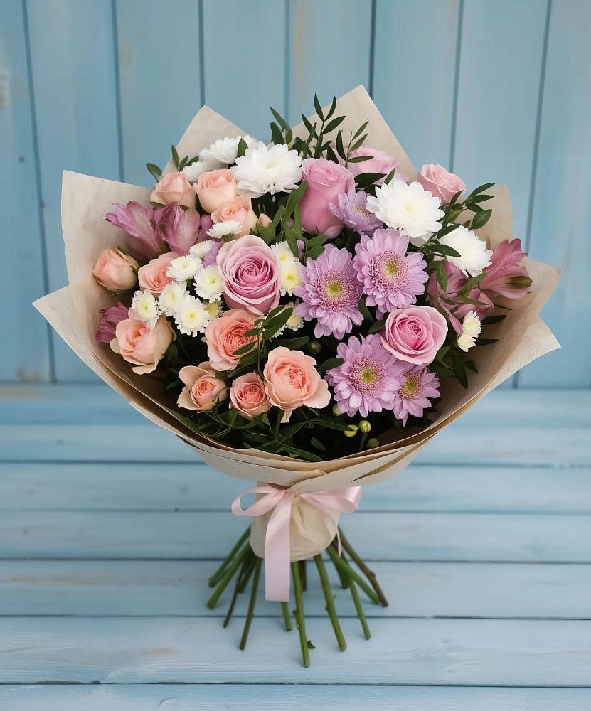 Букет цветов из: Хризантемы, Розы и Альстромерии в Бородино ГО Мытищи