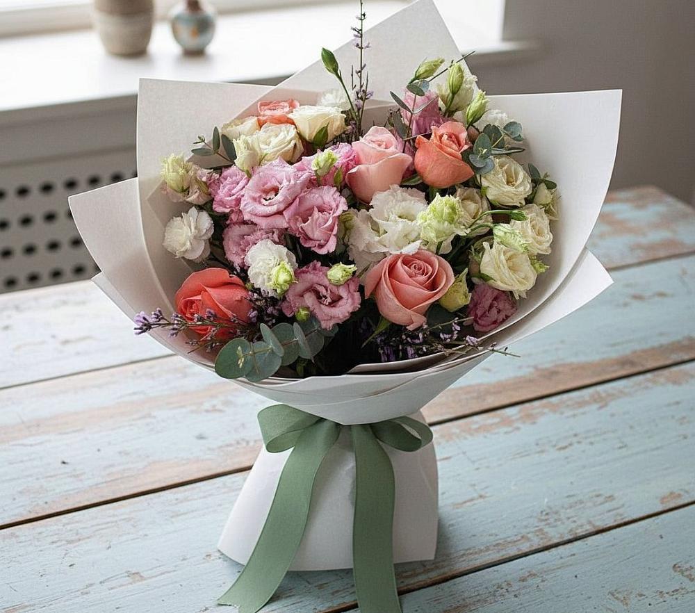 Букет цветов из: Розы, Лизиантусы и Гвоздики в Бородино ГО Мытищи