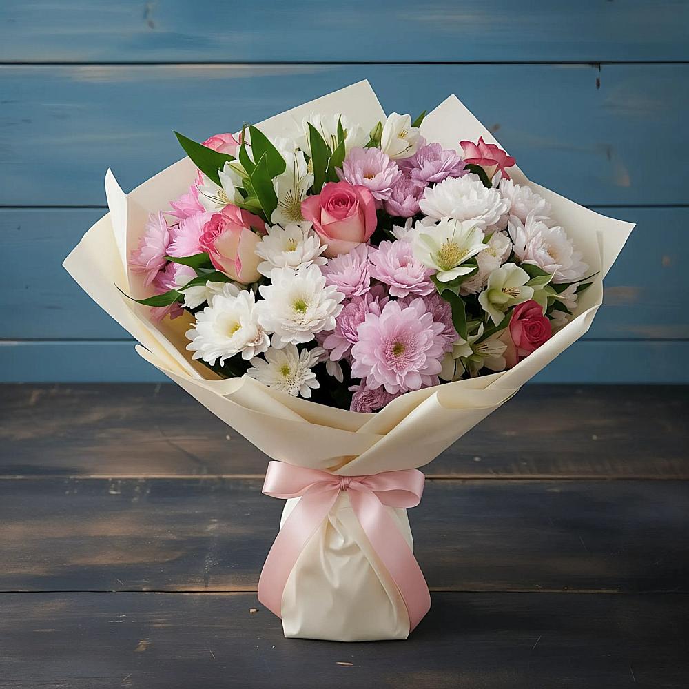 Букет цветов из: Хризантемы, Альстромерии и Розы в Бородино ГО Мытищи